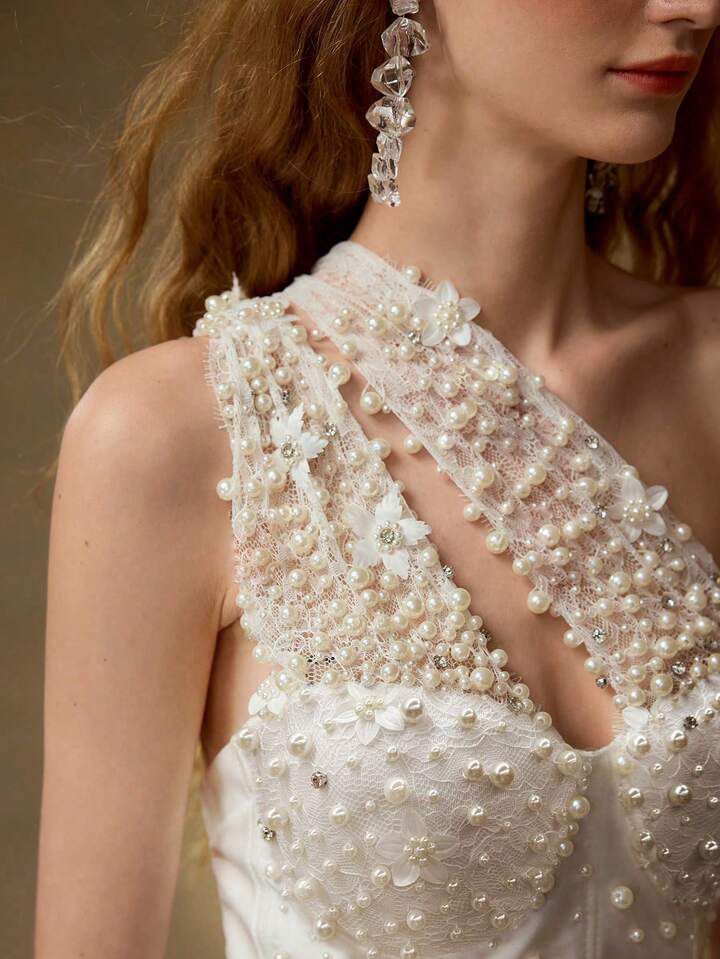 Pearl Embellished One Shoulder Top