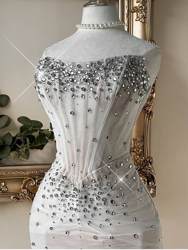 White Emblished Corset Style Back Tie Dress