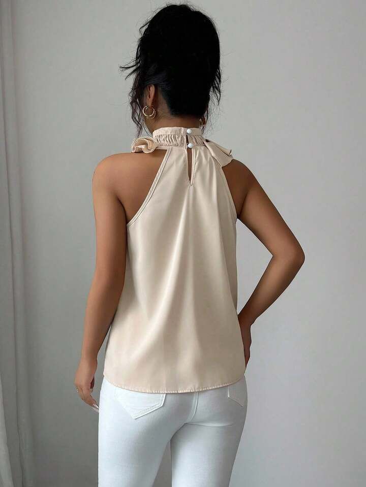 Beige Ruched Sleeveless Blouse Top