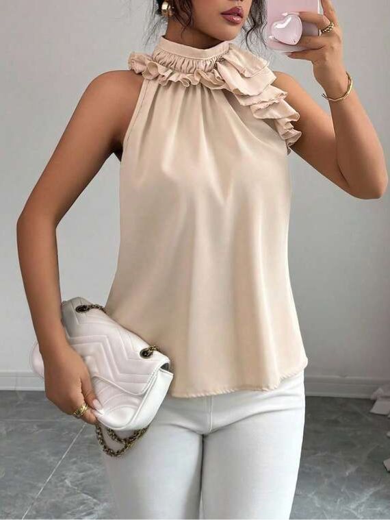 Beige Ruched Sleeveless Blouse Top