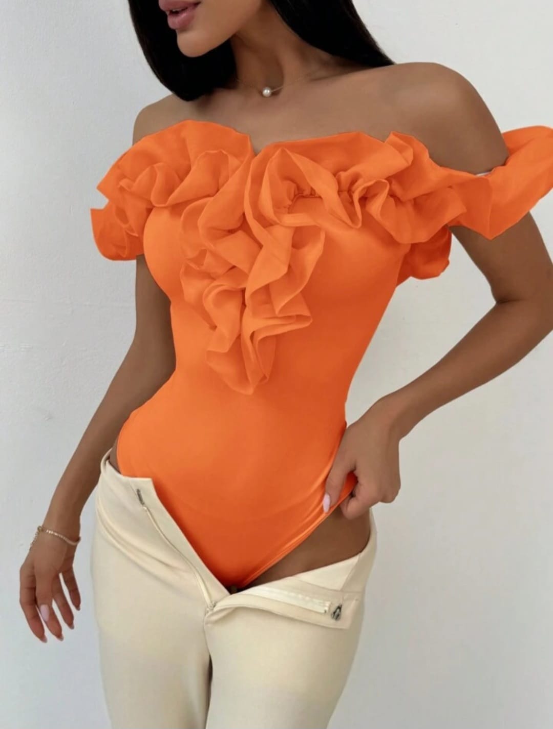 Off Shoulder Frilled Border Bodysuit