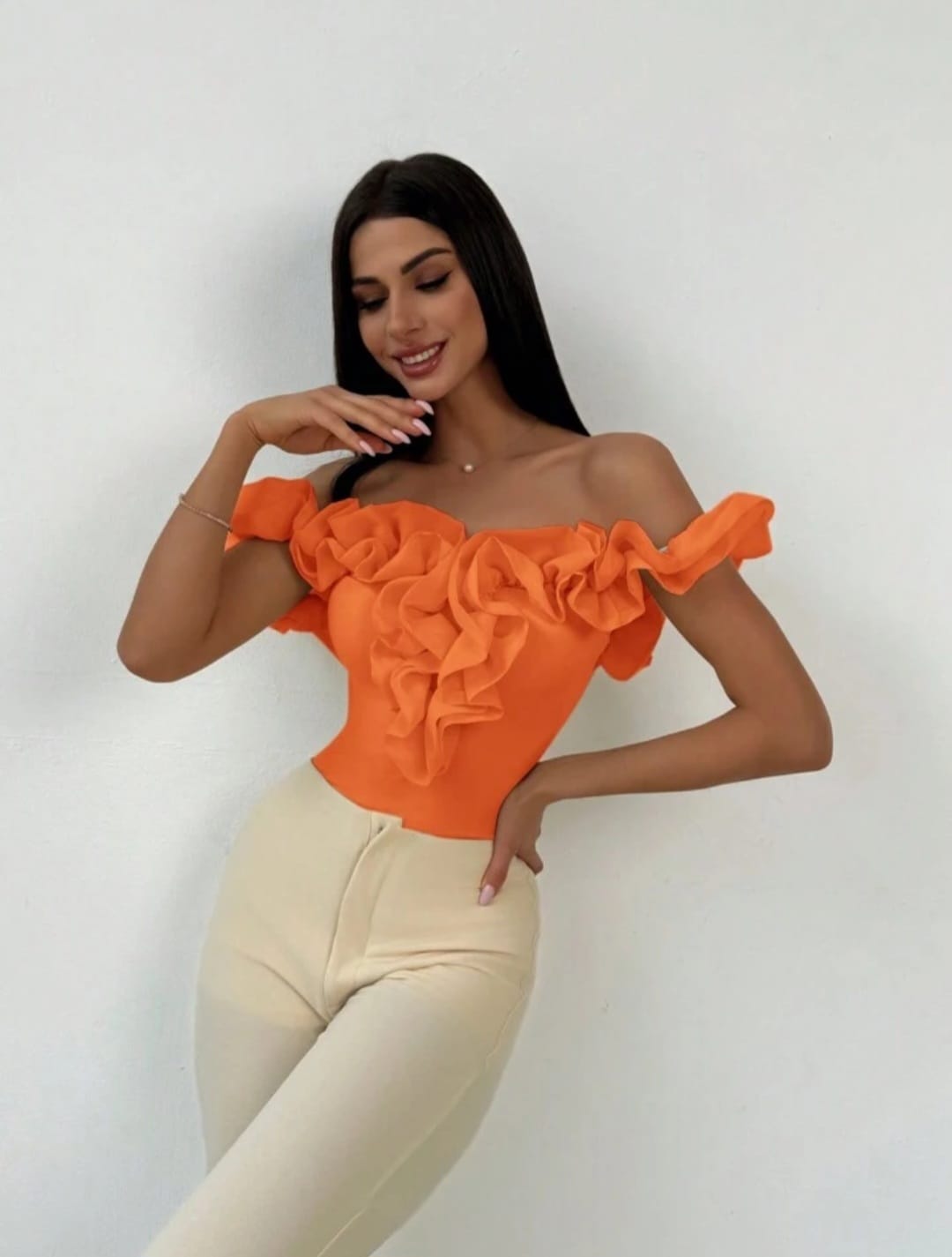 Off Shoulder Frilled Border Bodysuit