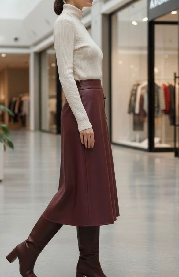 Maroon Leather Buttoned Mid Skirt