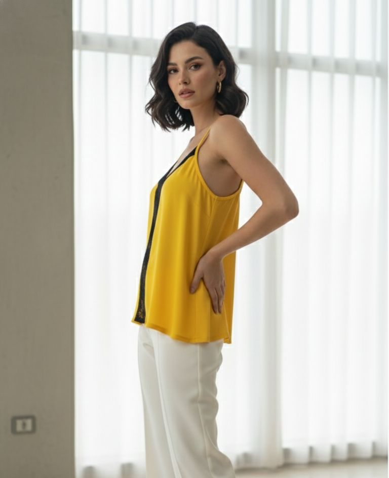 Yellow Black Sequin Striped Top