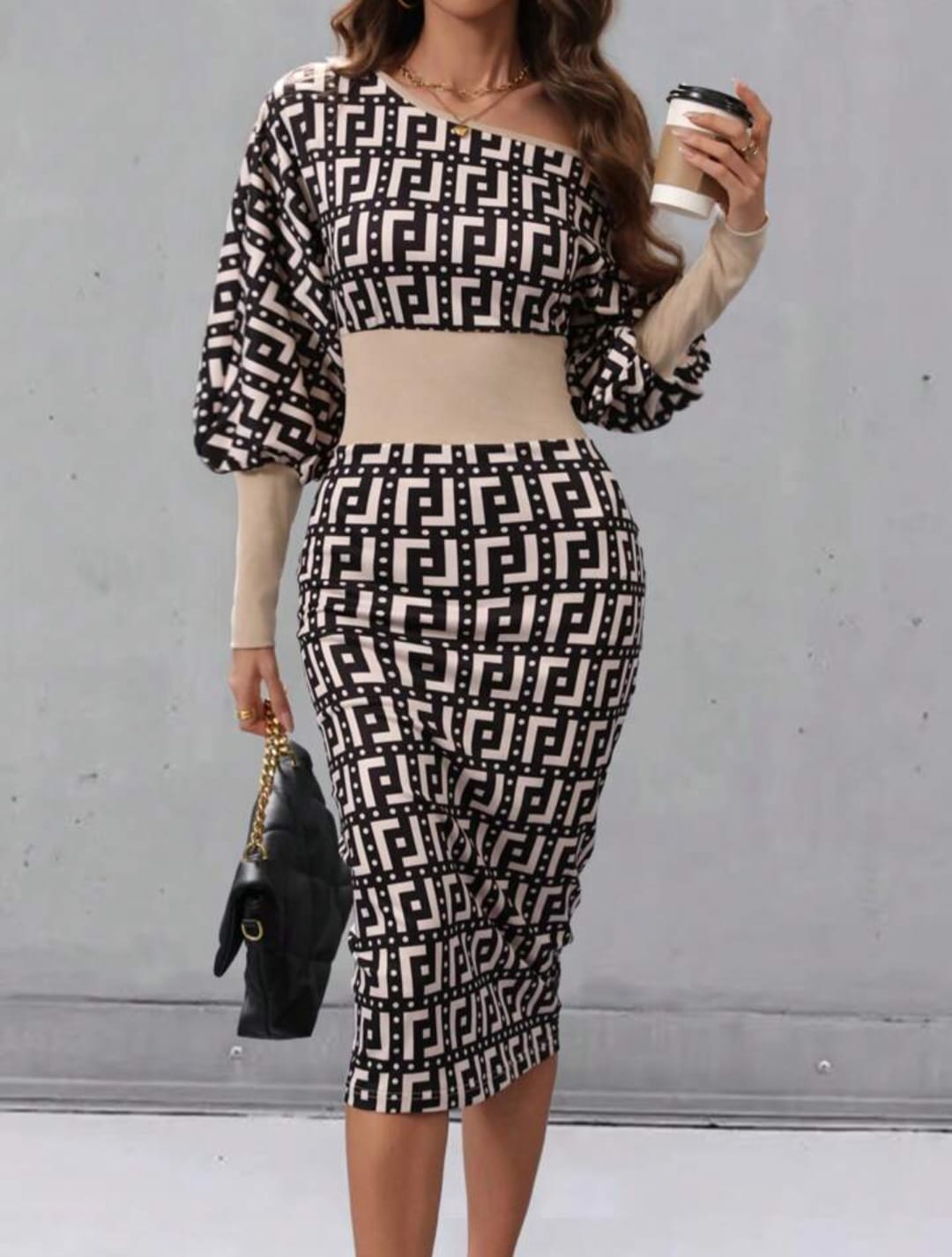 Asymmetrical Neckline Geometric Print Dress