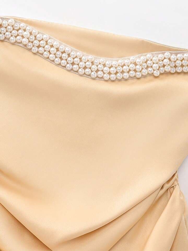 Pearl Embellished Satin Tube Top