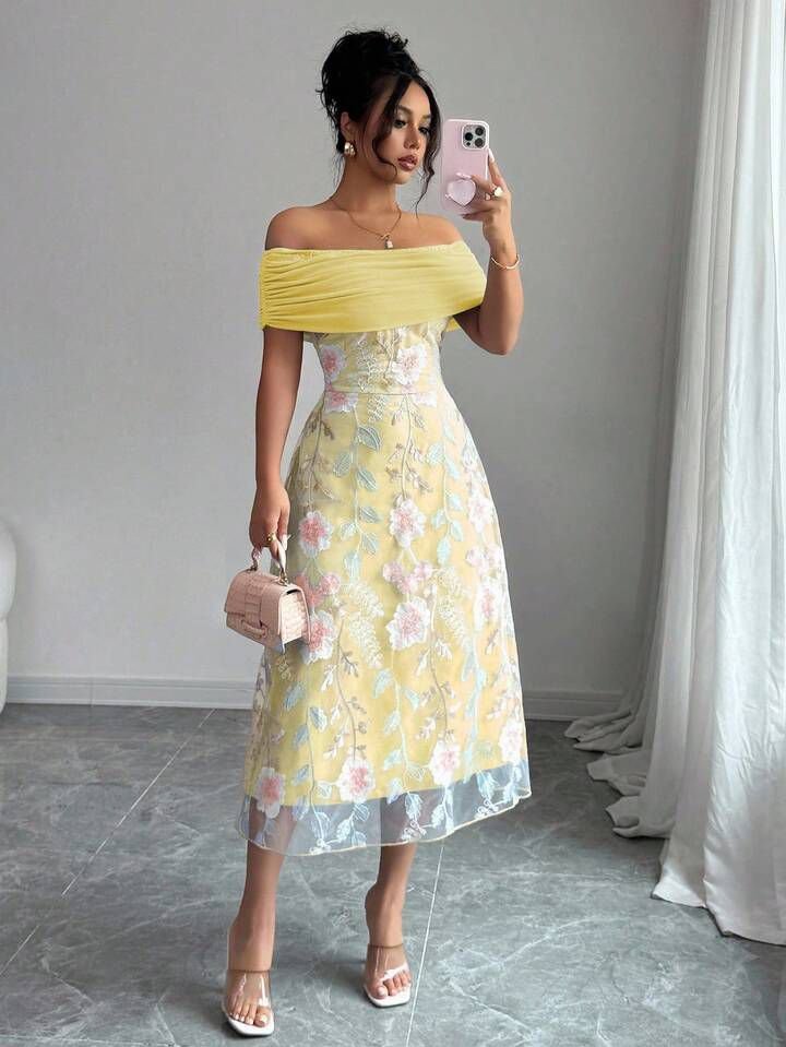 Yellow Floral Ruched Off Shoulder Dress