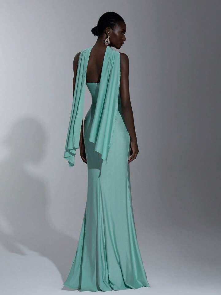 Mermaid Tail Plain Neck Drape Dress