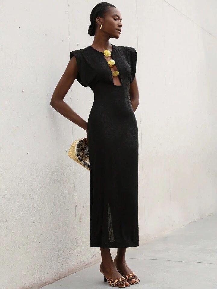 Black Bodycon Gold Shell Dress