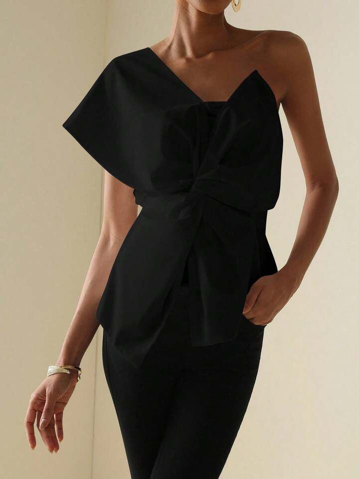 Black Bow One Shoulder Top