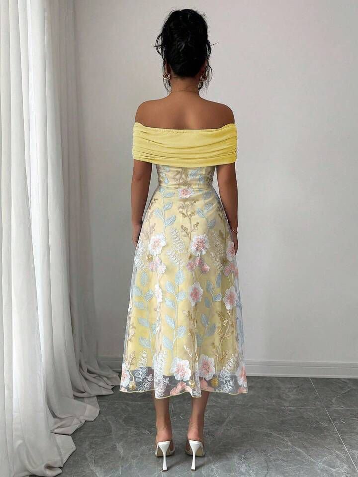 Yellow Floral Ruched Off Shoulder Dress