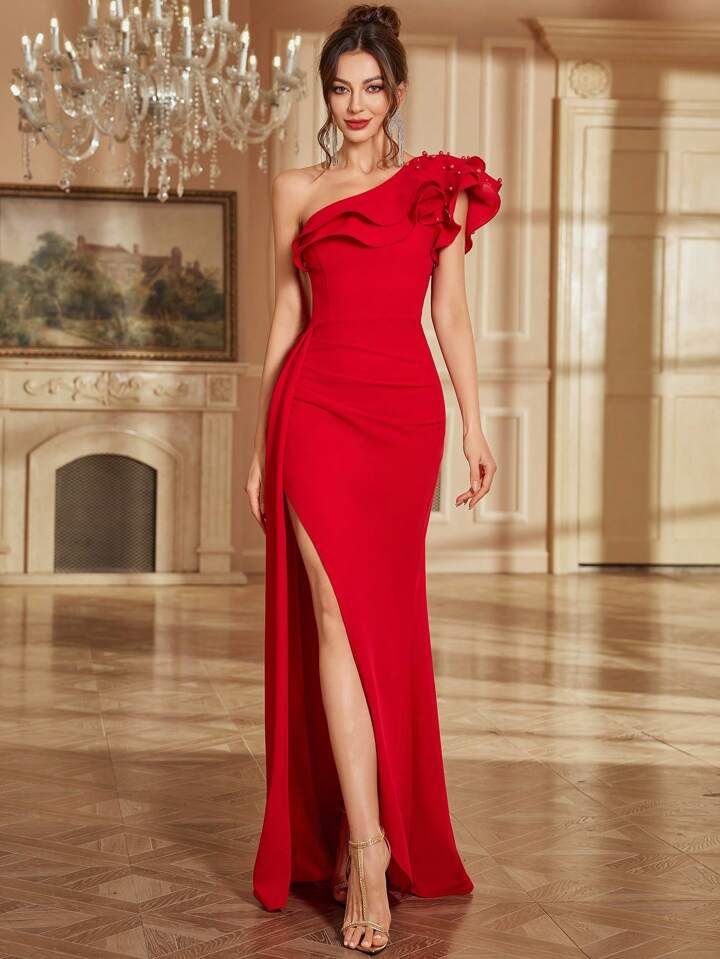 Red Pearl Beaded One Shoulder Dress