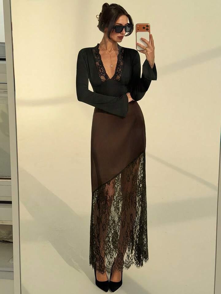Brown Satin Lace Net Skirt