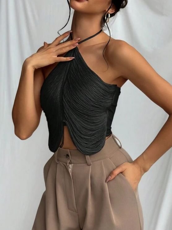 Tassel Black Halter Neck Top