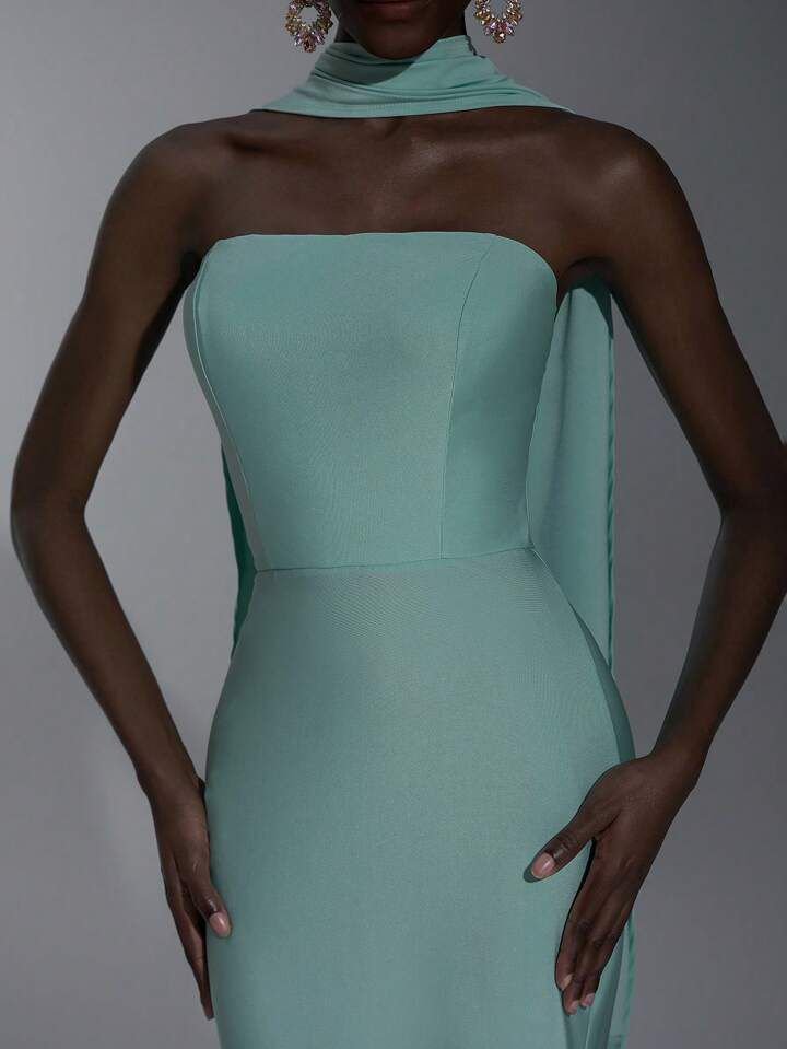 Mermaid Tail Plain Neck Drape Dress