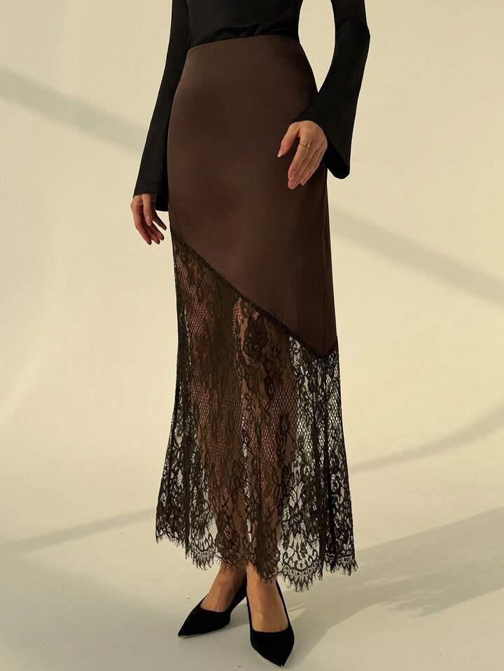 Brown Satin Lace Net Skirt