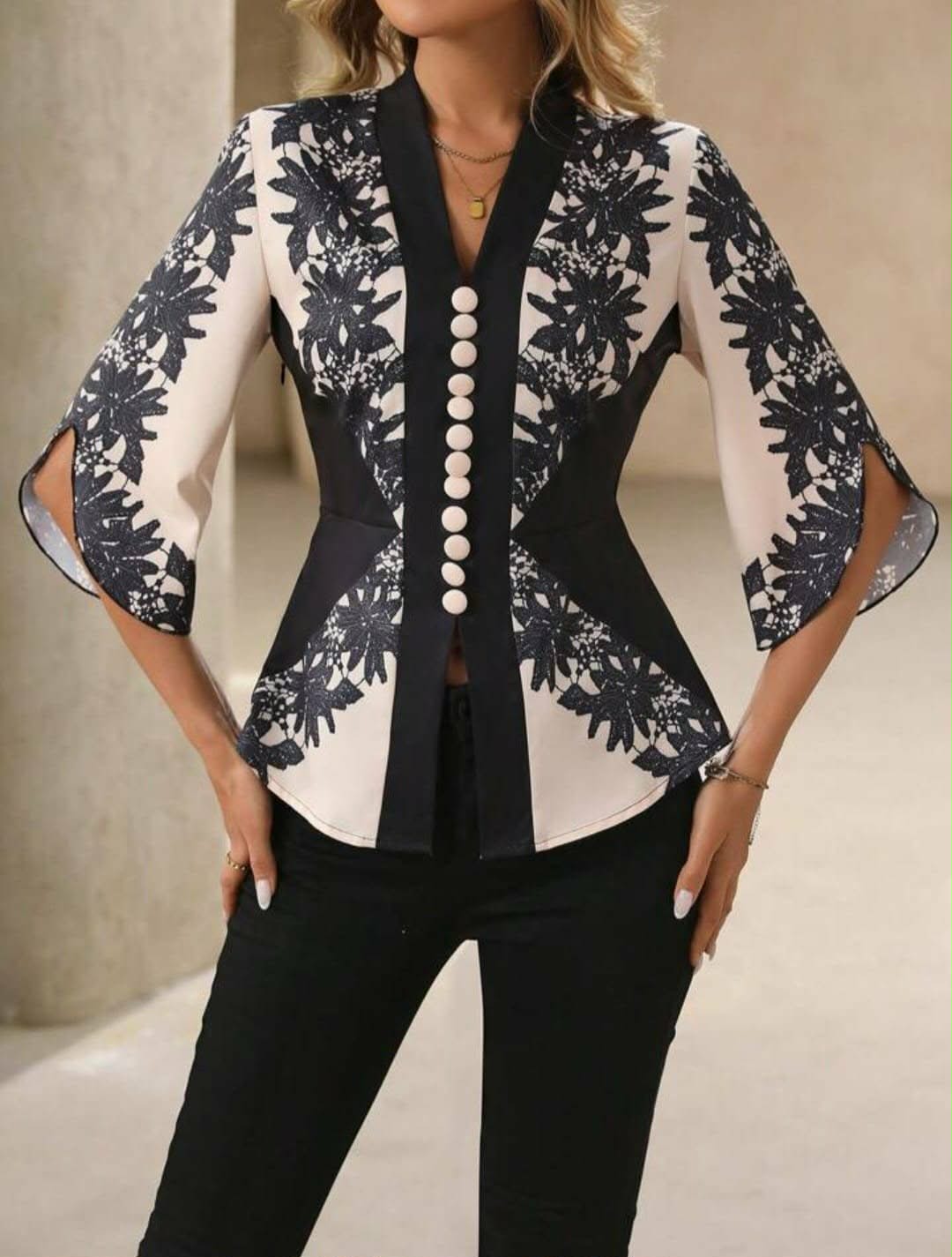 Floral Print Lace Patchwork V-Neck Top