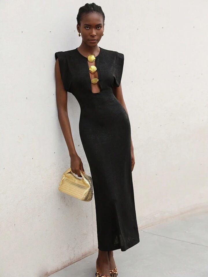 Black Bodycon Gold Shell Dress