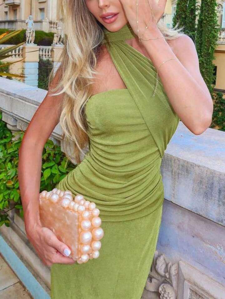 Green Ruched Neck Wrap Bodycon Dress