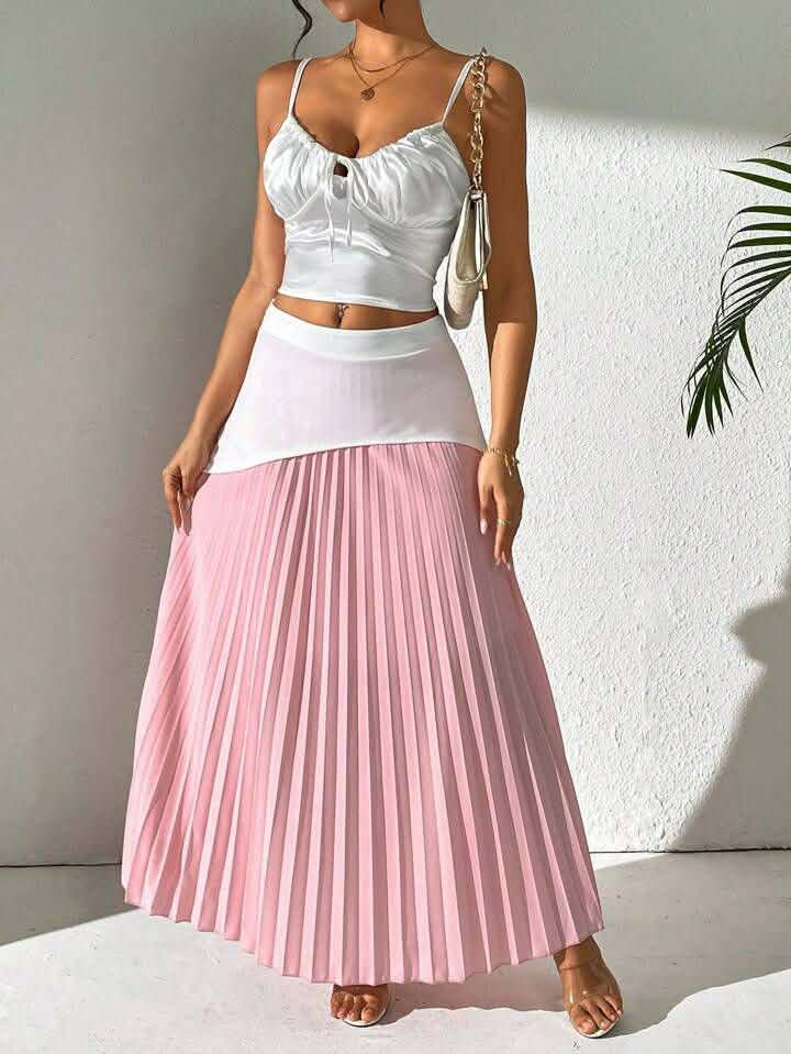 Pink White Hem Pleated Skirt