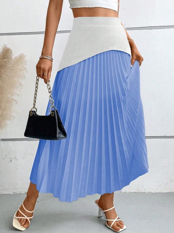 Blue White Hem Pleated Skirt