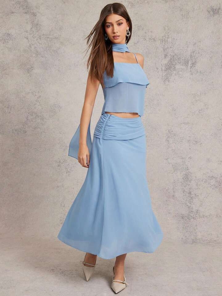 Double Layer Cami Top And Skirt Cord-Set