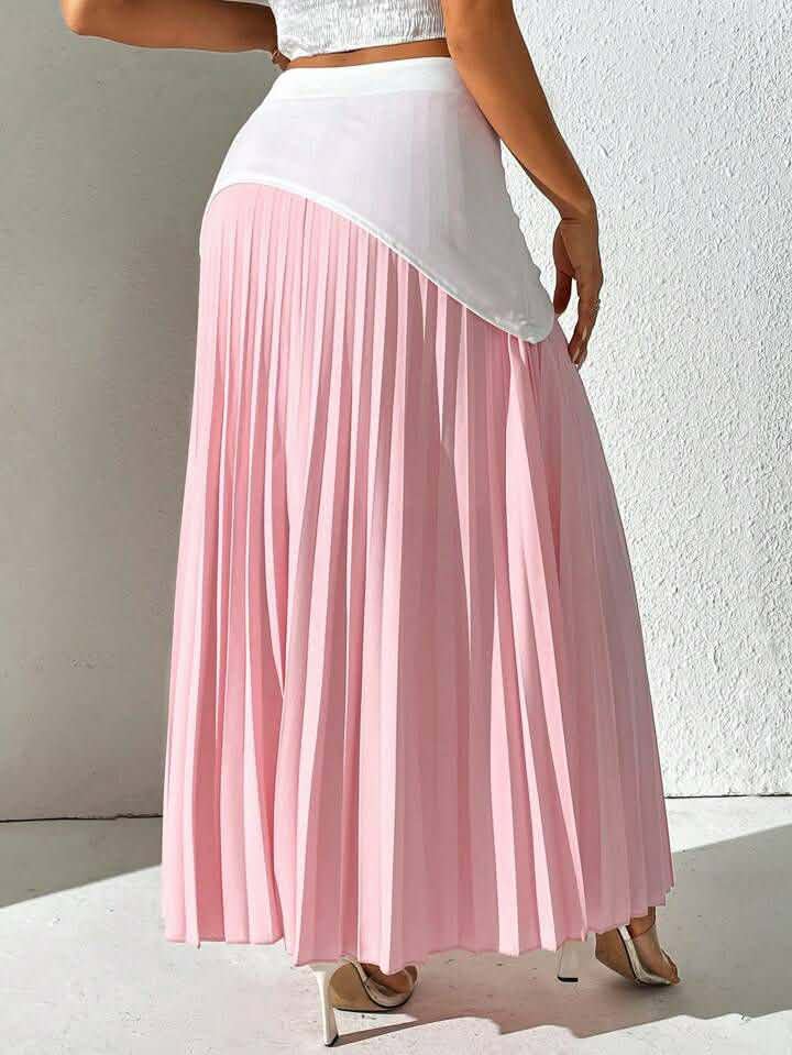 Pink White Hem Pleated Skirt