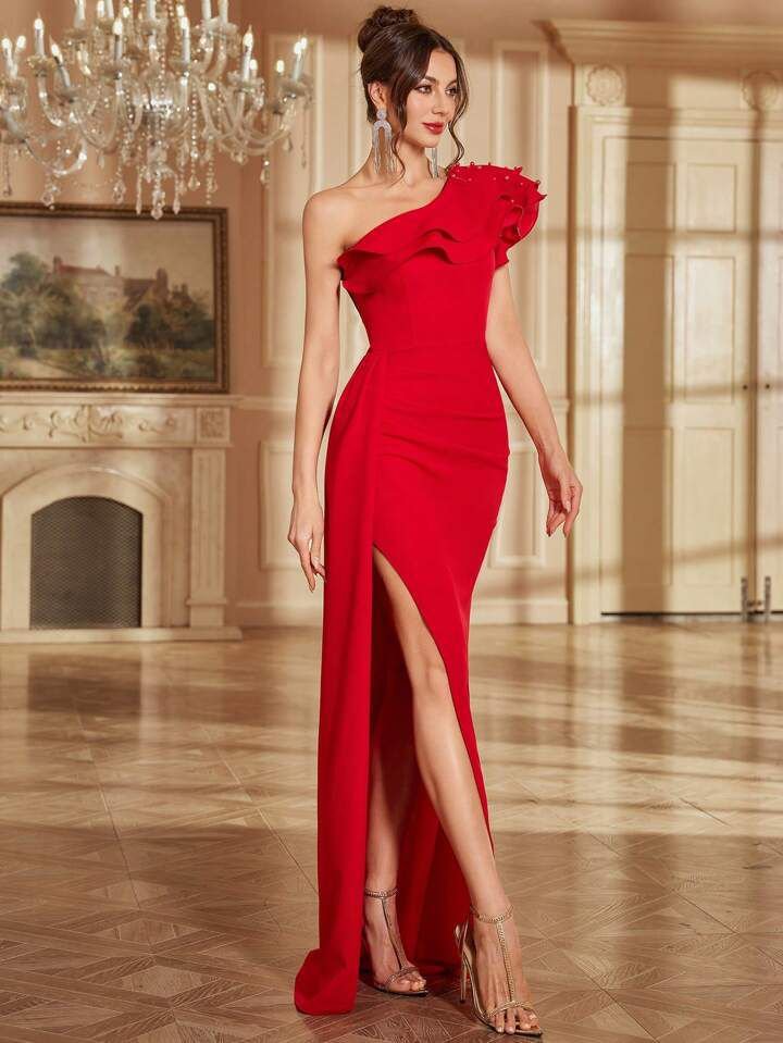 Red Pearl Beaded One Shoulder Dress