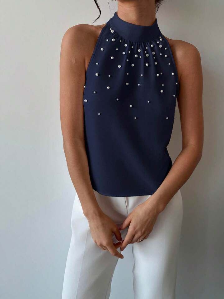 Blue Halter Neck  Peak Decor Top