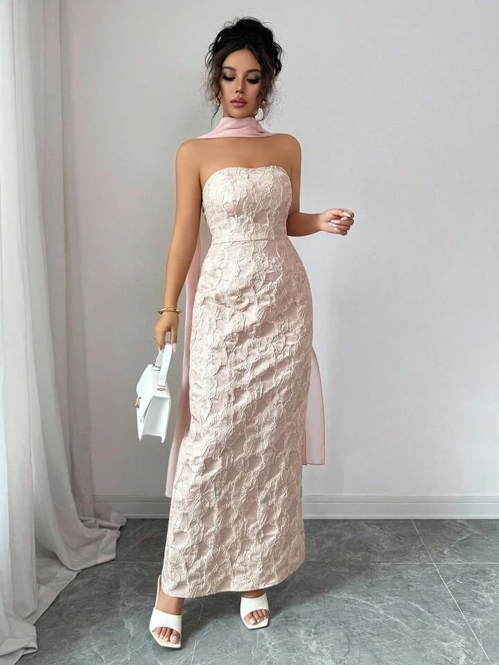 Jacquard Pink Organza Scarf Dress