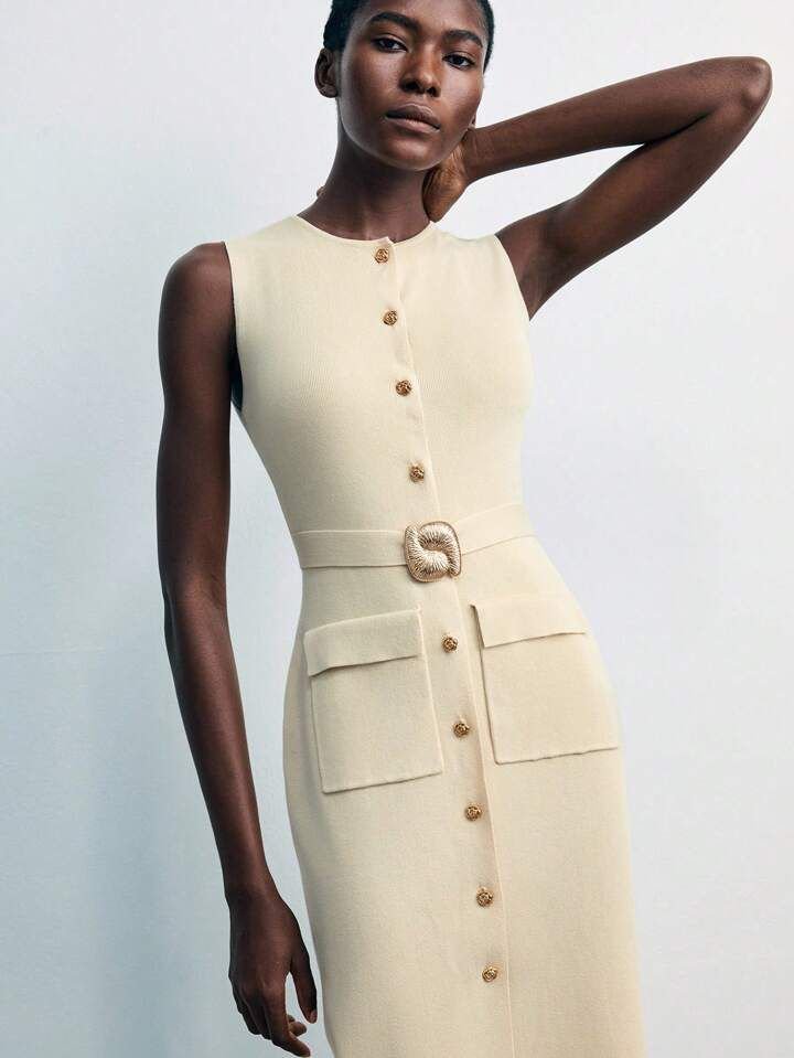 Beige Ruched Gold Belt Dress
