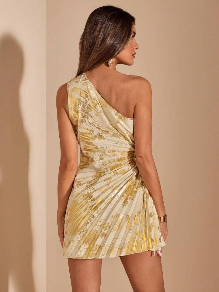 Gold Textured Pleated Waist Cut Dress