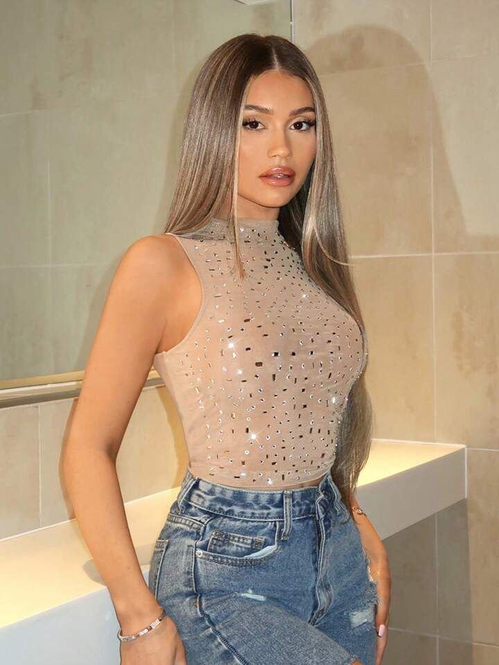 Beige Rhinestone Decor Mesh Top