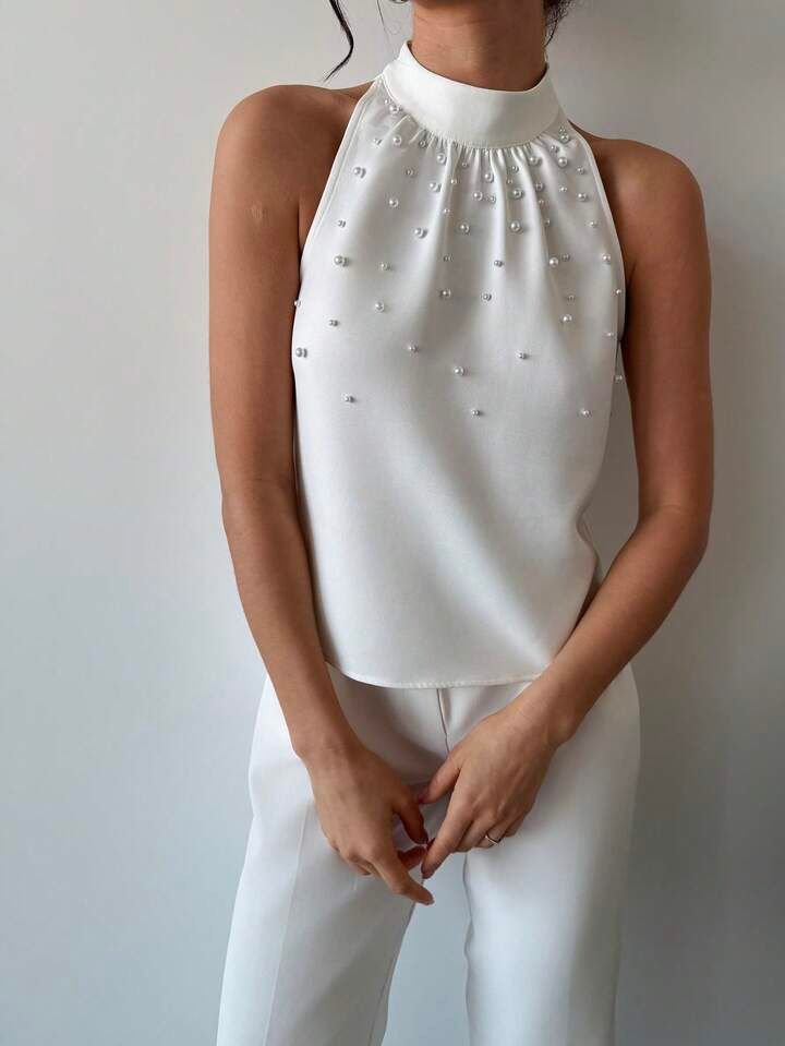White Halter Neck Peak Decor Top