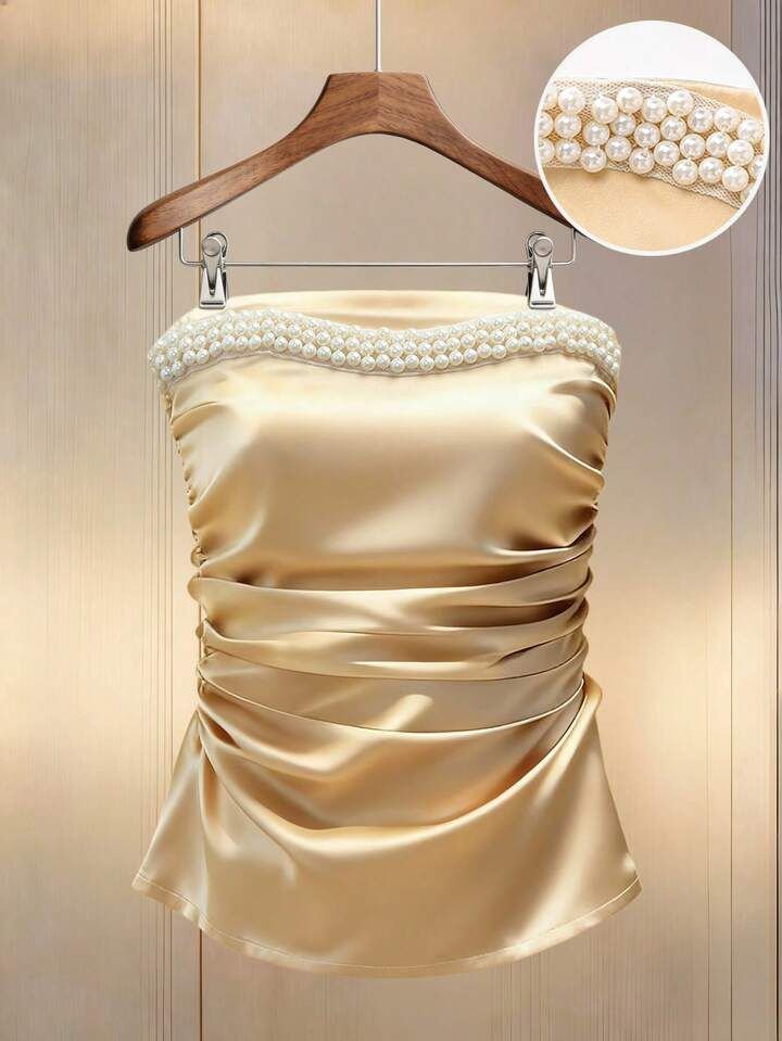 Pearl Embellished Satin Tube Top