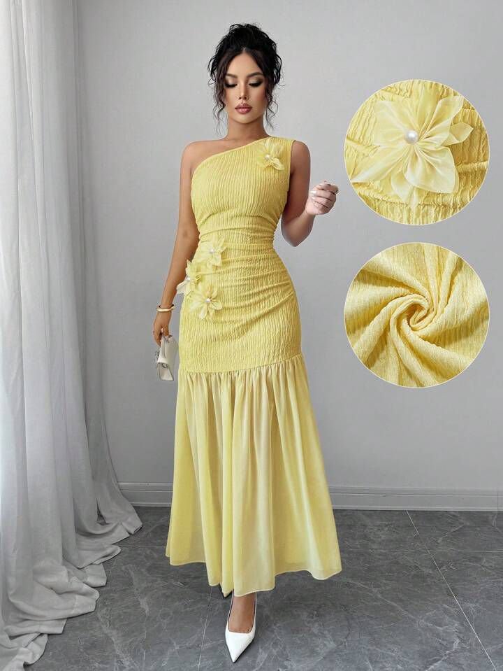 Yellow Floral One Shoulder Dress