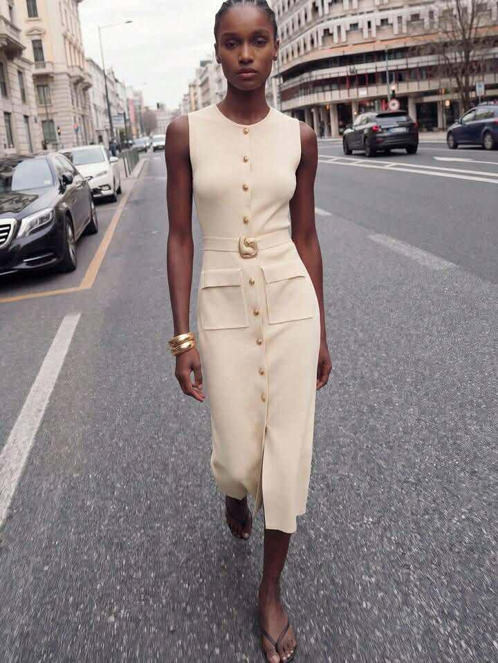 Beige Ruched Gold Belt Dress
