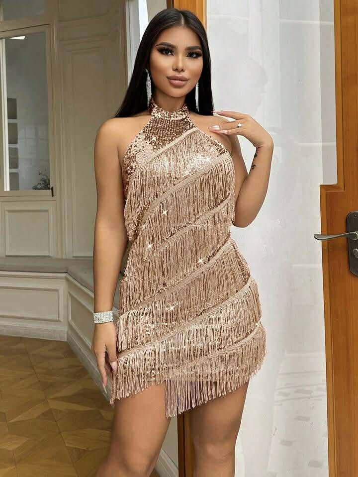 Beige Golden Fringed Halter Neck Dress