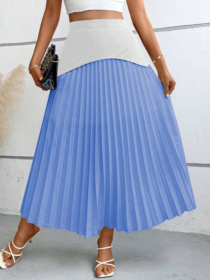 Blue White Hem Pleated Skirt