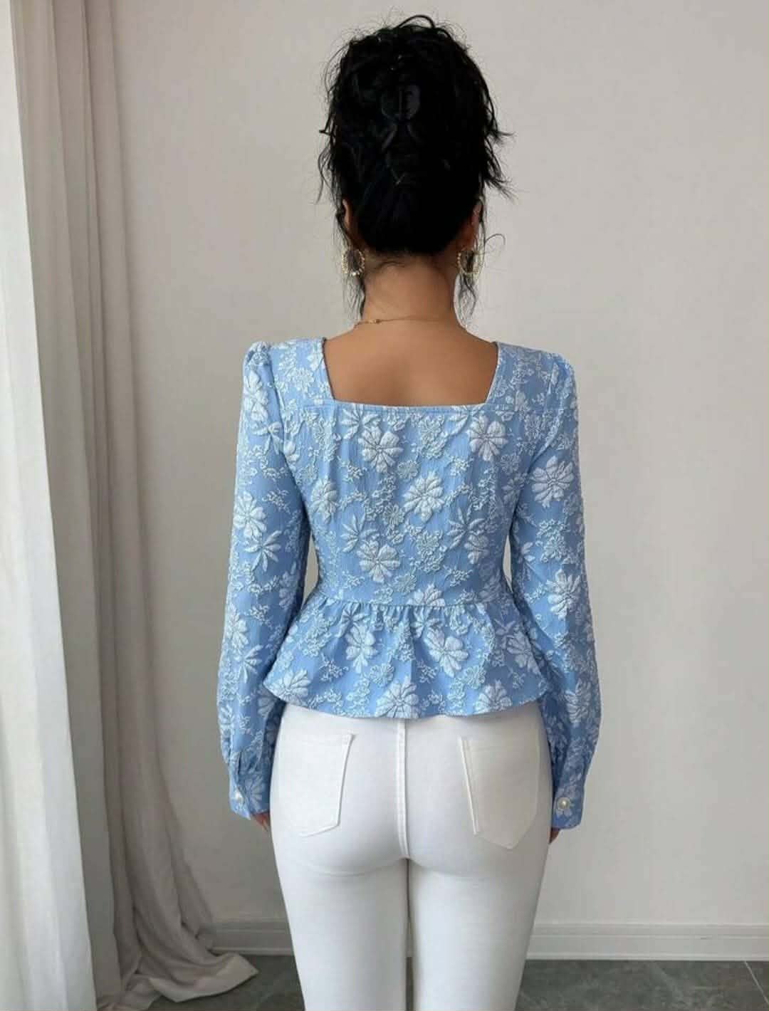 Jacquard Square Neck Floral Top