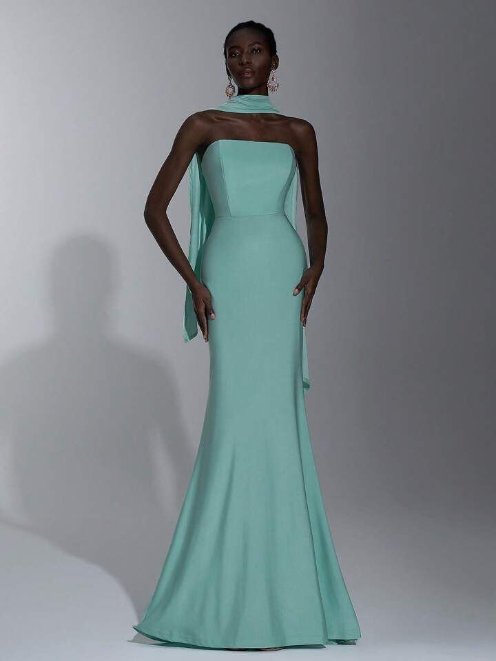 Mermaid Tail Plain Neck Drape Dress