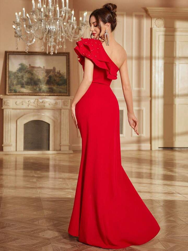 Red Pearl Beaded One Shoulder  Dress