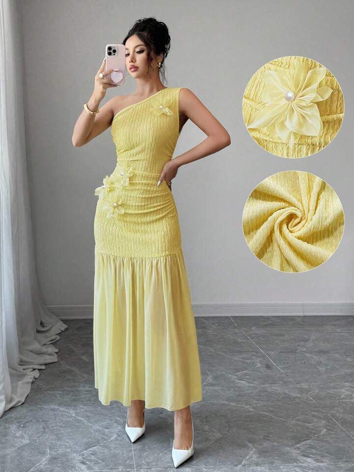 Yellow Floral One Shoulder Dress