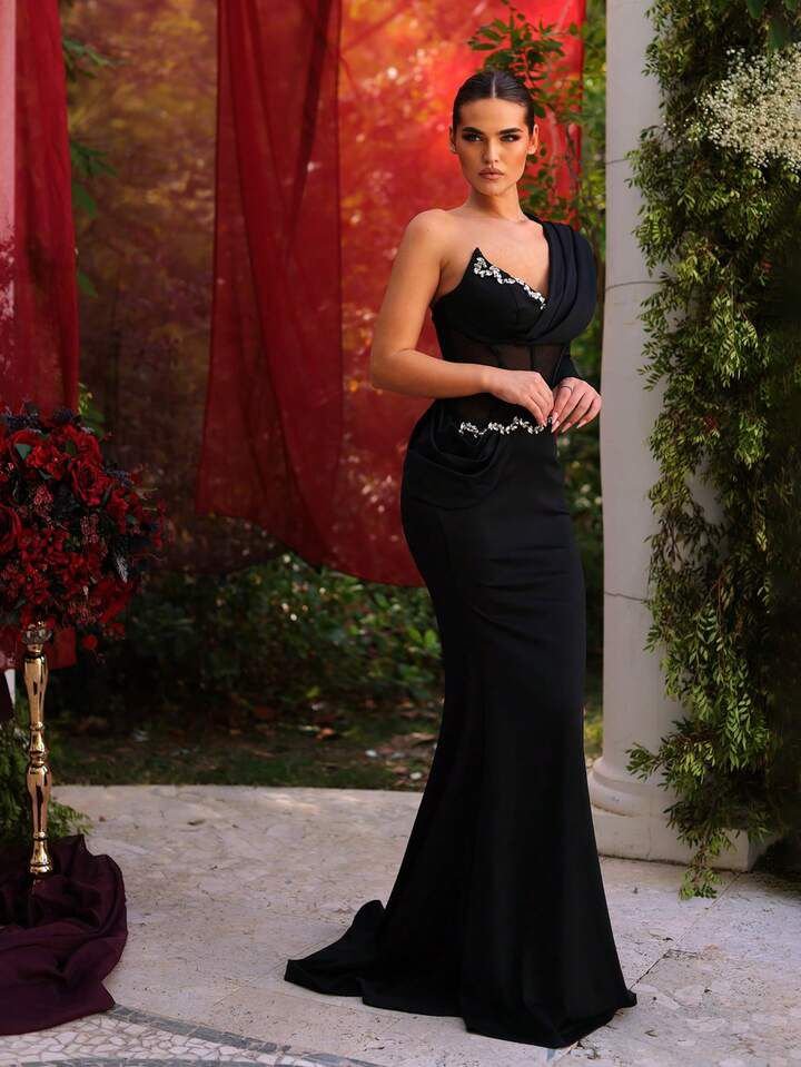 One Shoulder Rhinestone Embellished Corset Dress