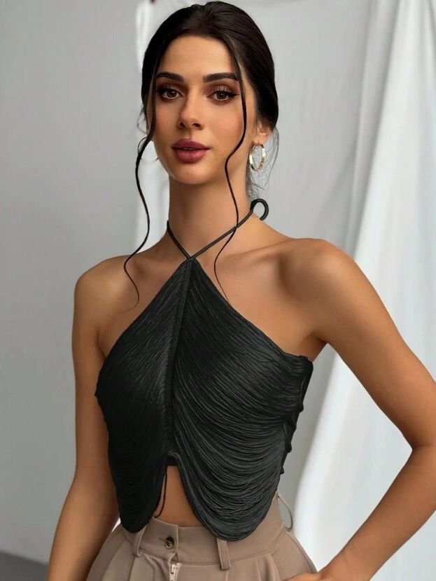 Tassel Black Halter Neck Top