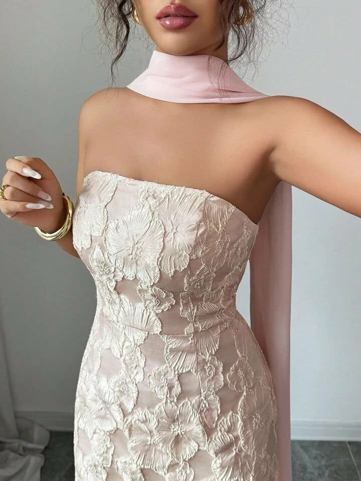 Jacquard Pink Organza Scarf Dress