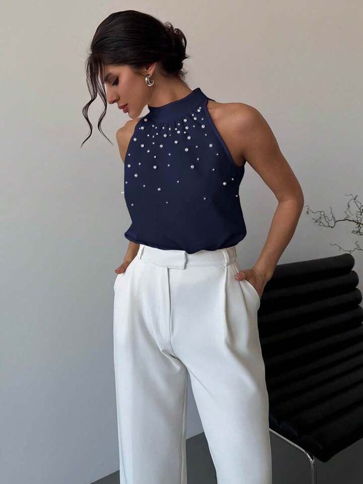 Blue Halter Neck  Peak Decor Top