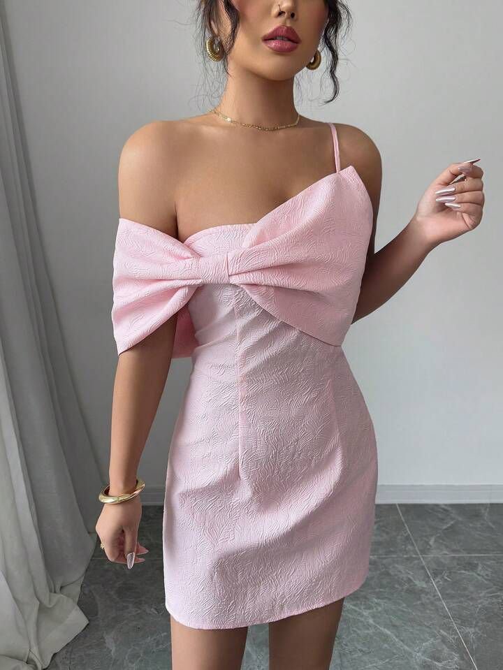 Jacquard Pink Bowknot Hem Short Dress