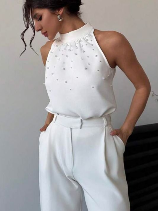 White Halter Neck Peak Decor Top