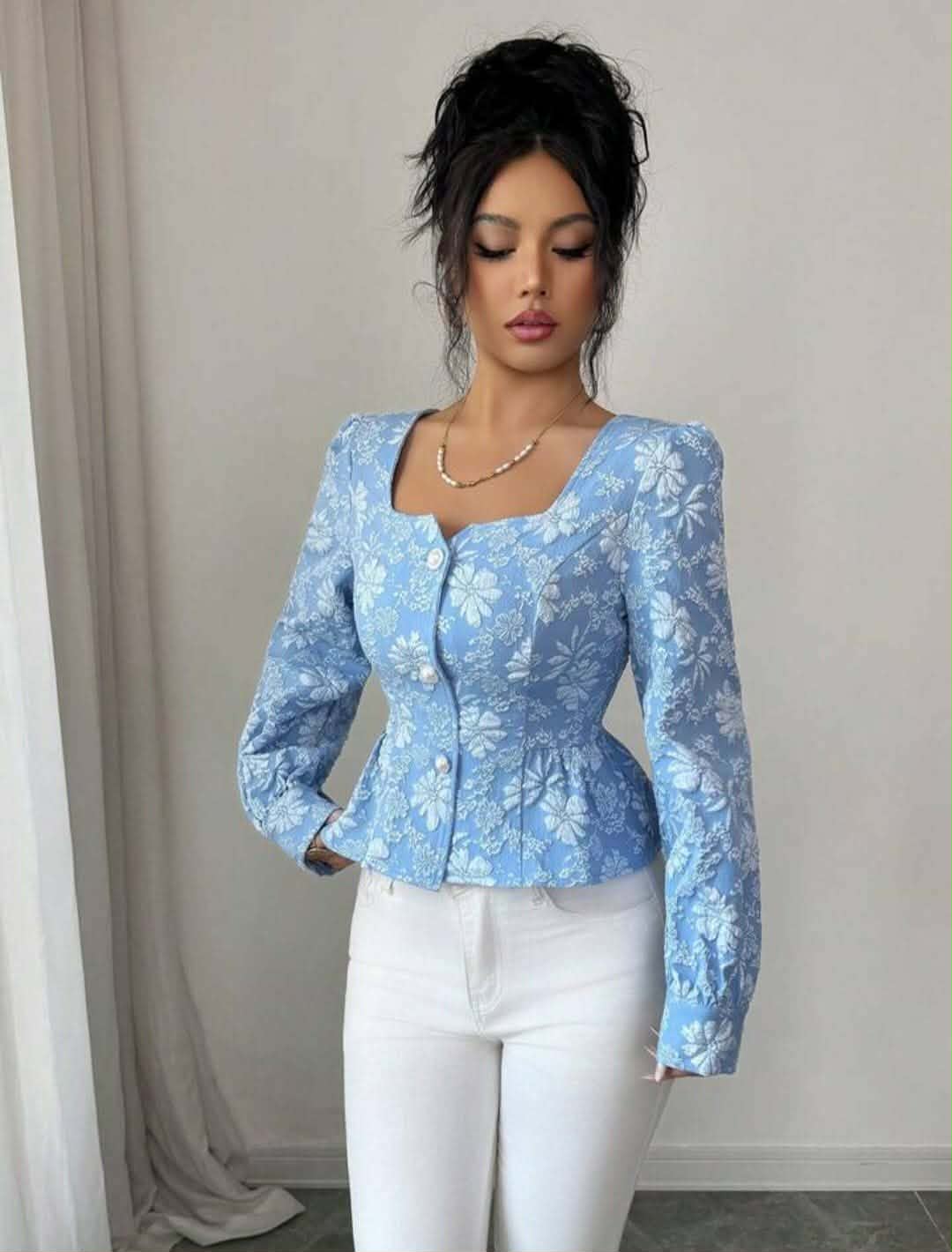 Jacquard Square Neck Floral Top